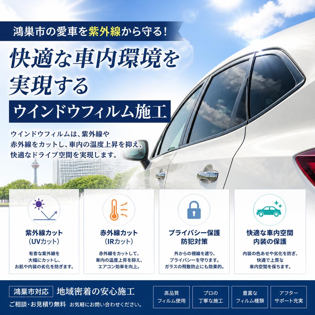 鴻巣市の車両を紫外線から守る！快適な車内環境を実現するウインドウフィルム施工